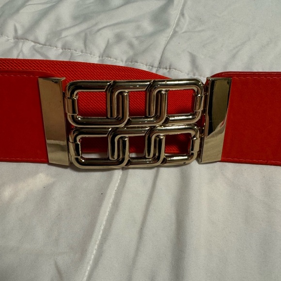 Y2K Gold Geometric Wide Stretch Belt New York & Co Interlock L/XL Orange 90s - Picture 13 of 14